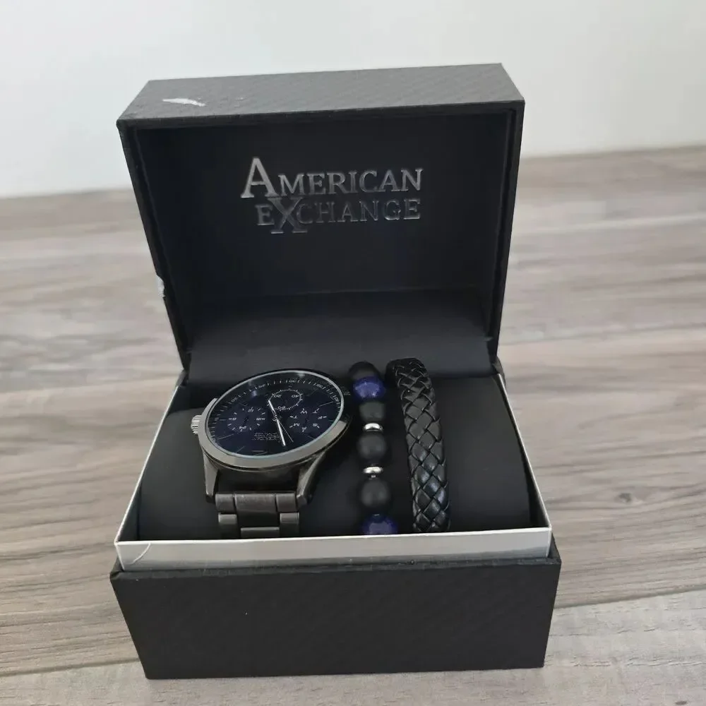 American Exchange Men's Gunmetal Tone Chronograph Watch & Stackable Bracelet Set